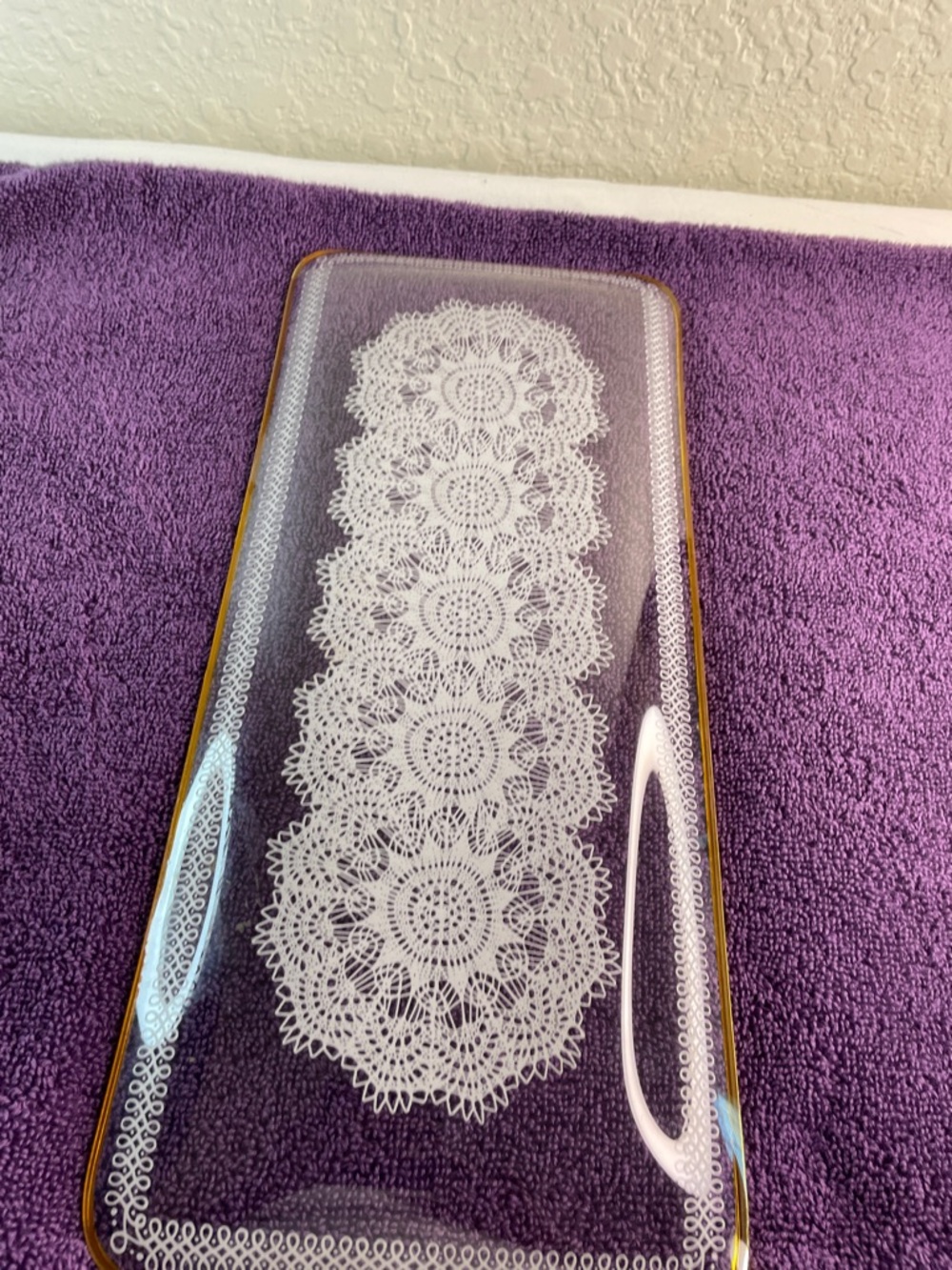 Handcrafted Purple Glass Vanity Tray with White Lace Motif